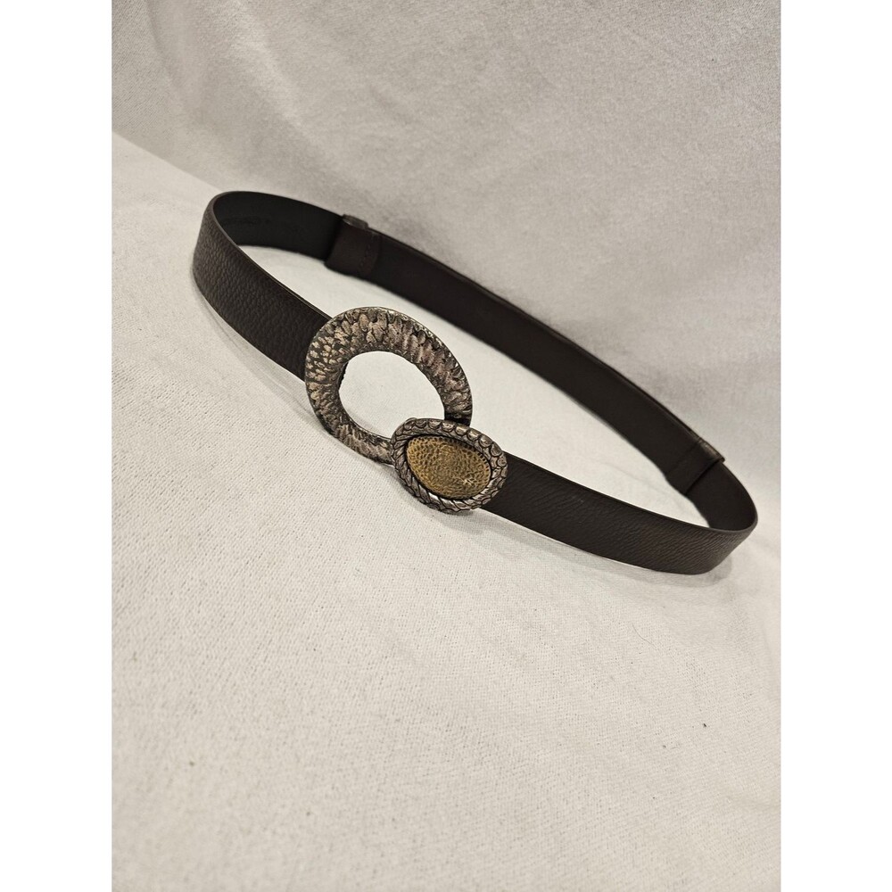 Chico’s Hammered Metal Brown Leather Circle Belt Gold Silver Tone Adjustable M/L